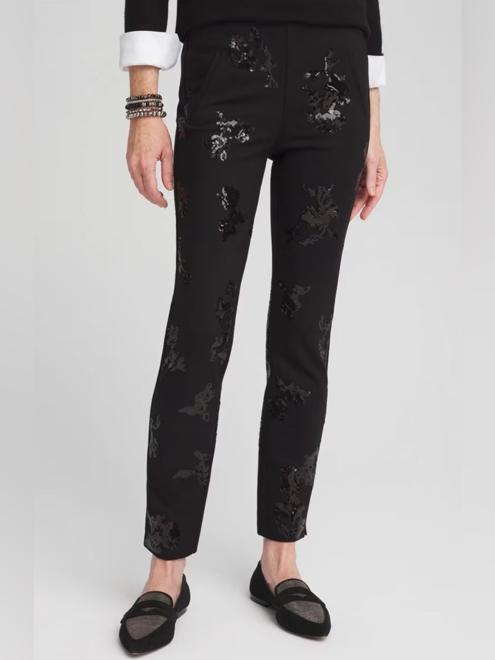 Chico's Black Sequin Embellished Cropped Pants